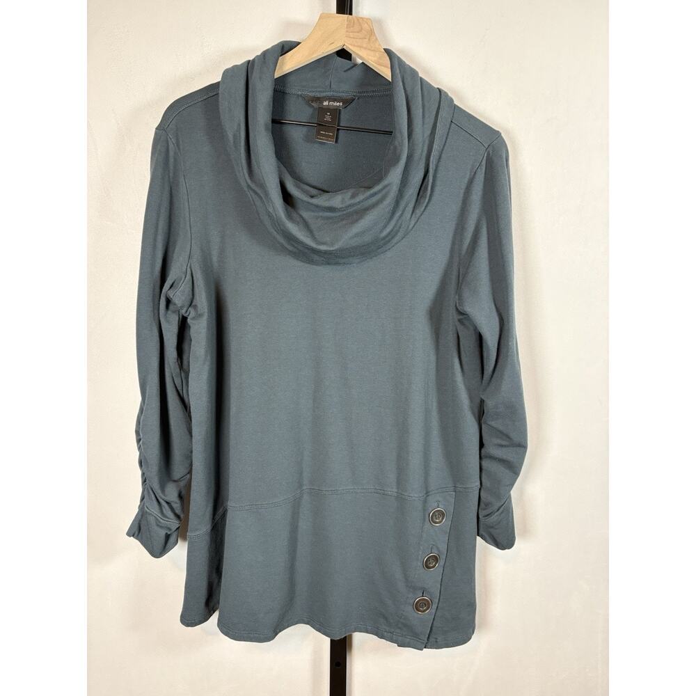 Ali Miles Cowl Neck Tunic Women's Medium Blue Button Hem Ruched Sleeve Soft